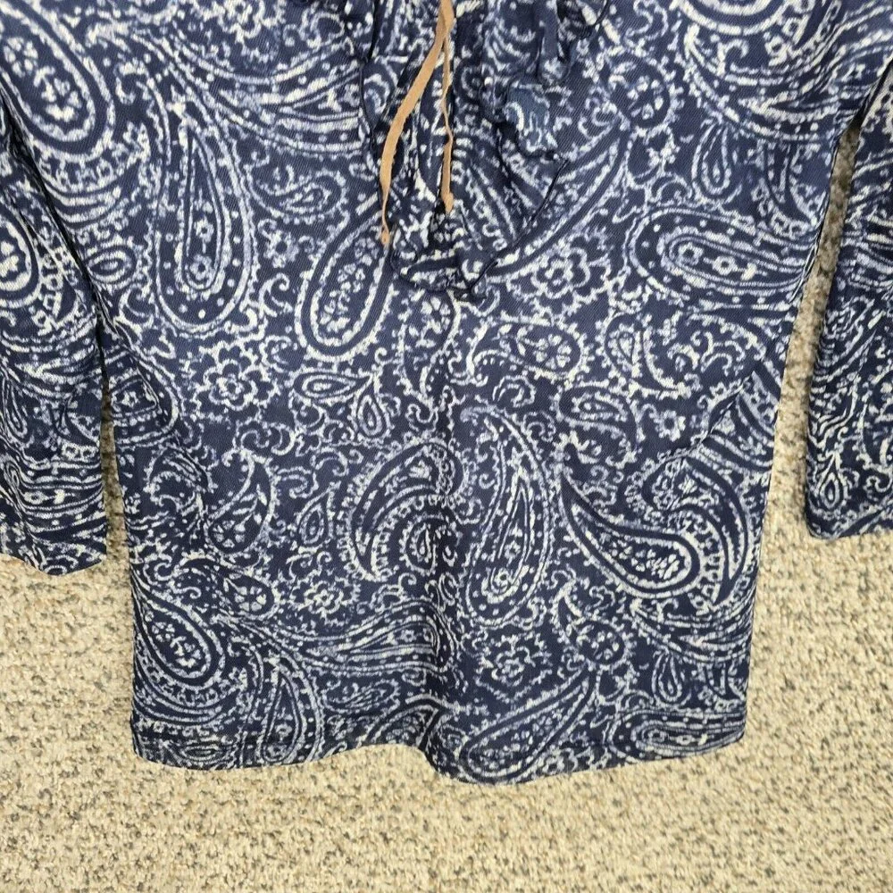 Chaps Top Womens Small Blue Mesh Paisley Ruffle Blouse‎ Lace Up Casual Ladies